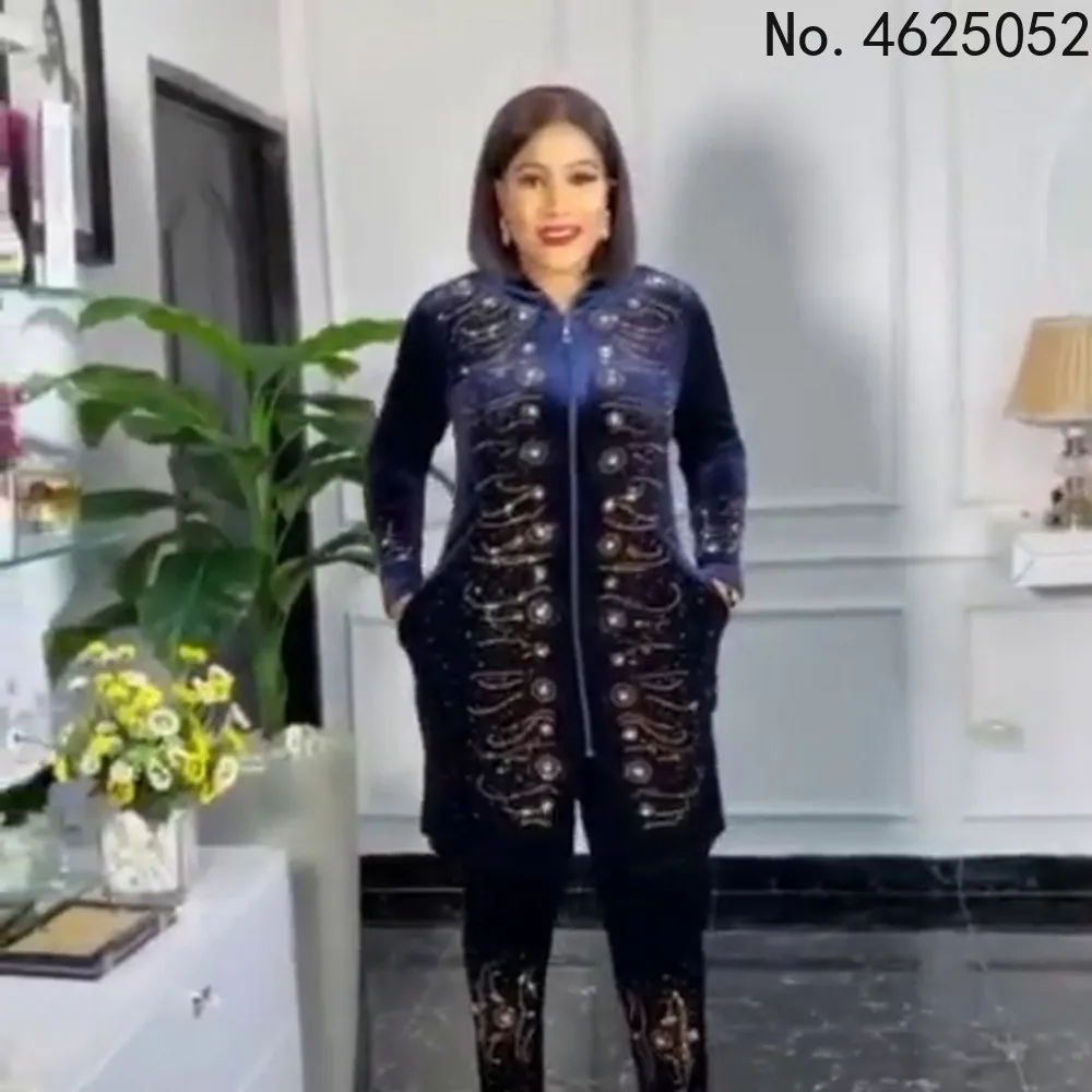 

Африканские комплекты для женщин 2022 с длинным рукавом, бисером, блестками, Африканский эластичный базин, мешковатые брюки, рок-стиль, Дашики...