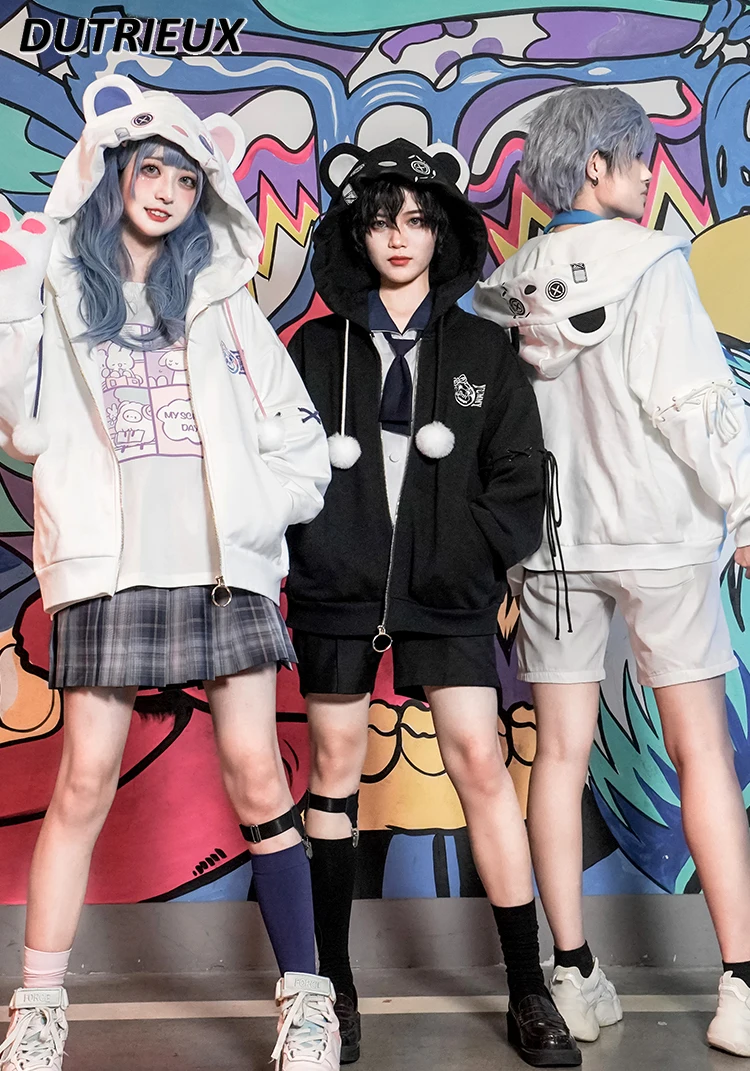 

Spring and Autumn New Original Button Cartoon Sweatshirt Coat College Style Long Sleeve Cardigan Hooded Couple Wear Loose Top