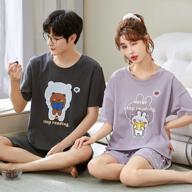 Couple Pajamas Sets Summer Pijamas Cartoon Pyjamas Combed Cotton Lougewear Short Sleeved Men and Women Sleepwear Lover Homewear