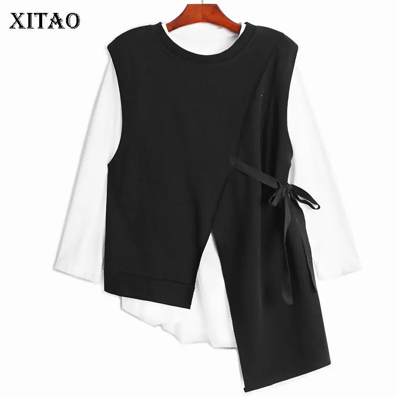 

XITAO, Модные жилеты, костюм из двух предметов, женские, необычные, с бандажным рукавом, жилеты контрастного цвета, простые, необычные, с бантом,...