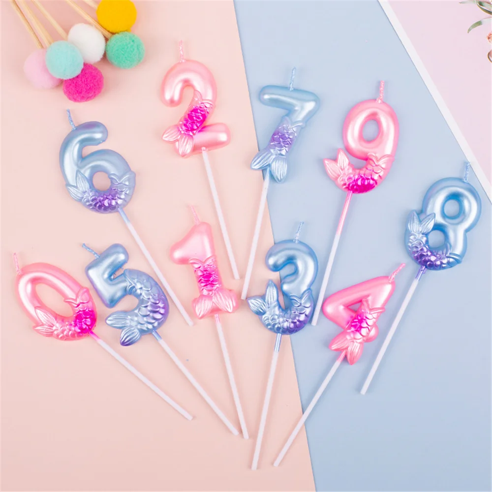 10 шт. свечи в виде цифр хвоста русалки для выпечки 0-9 розовые синие цифровые