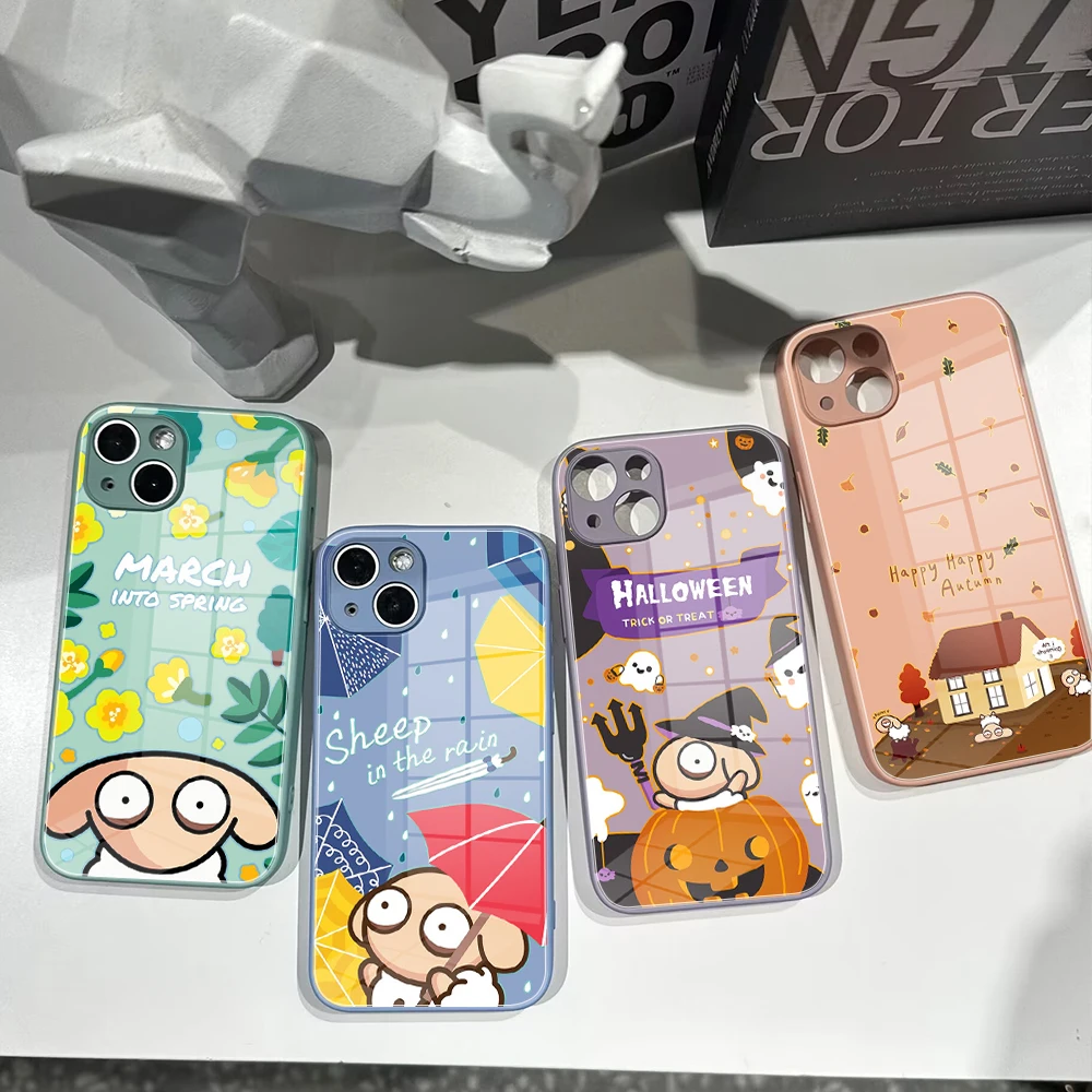 For Iphone 14 INS LOVELY Unsleep Sheep Phone Case Glass 14 13Pro Plus X 13 Pro MAX XR XS MINI Stained Glass Covers