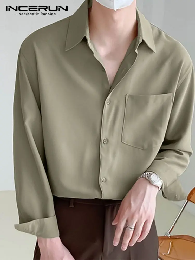 

INCERUN Fashion Men Shirt Solid Color Lapel Long Sleeve Streetwear Pockets 2022 Casual Camisas Loose Leisure Men Clothing S-5XL