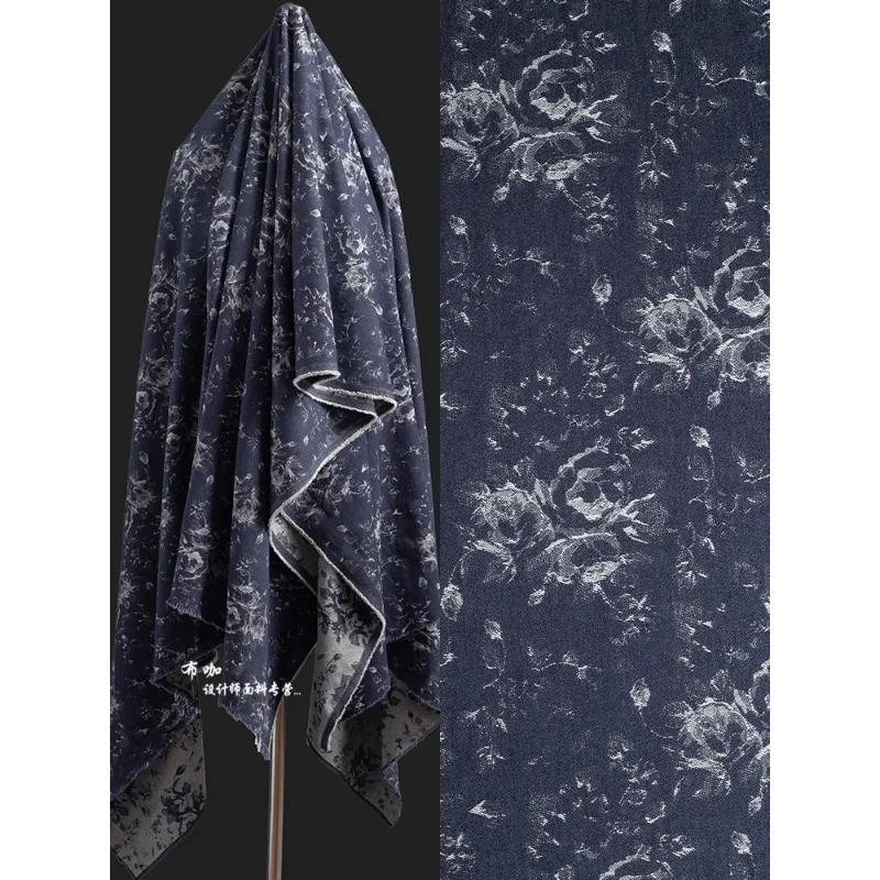 

Blue Cotton Washed Denim Jacquard Fabric DIY Bag Jacket Pants Shirt Skirt Shoes Hats Designer Sewing Material Wholesale Cloth