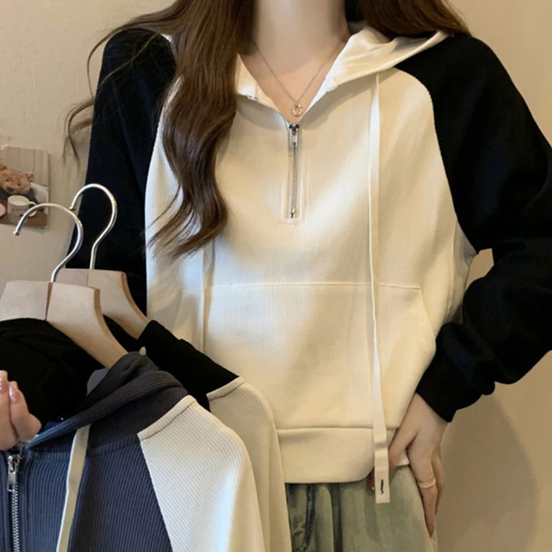 Демисезонная женская толстовка на молнии свободные топы контрастных цветов с