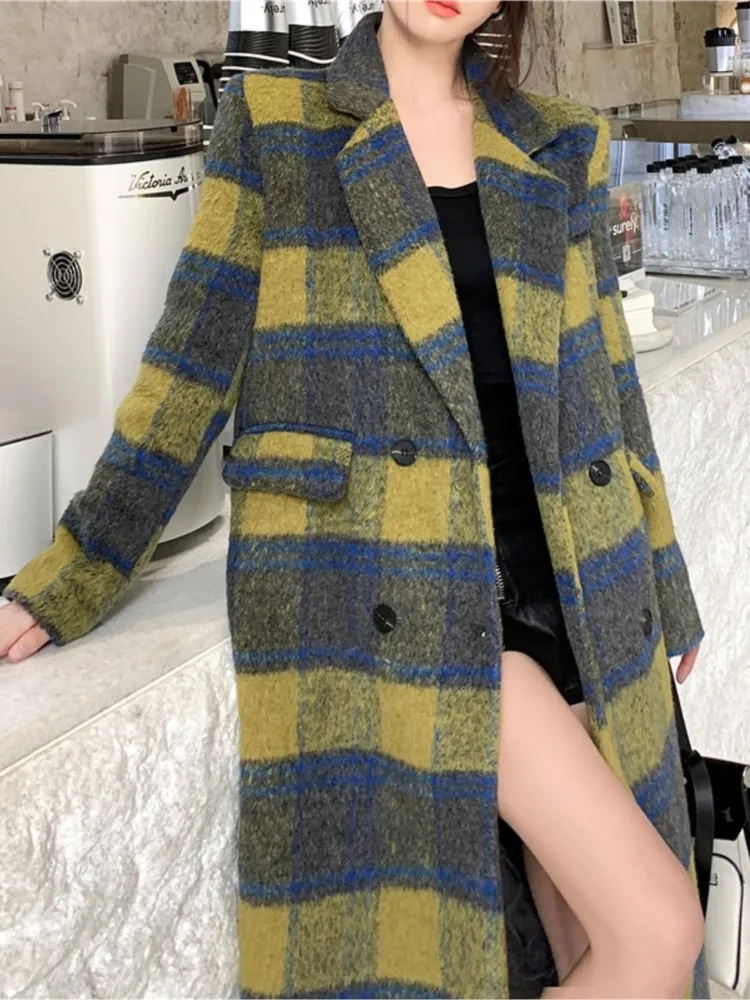 Winter New Woman Plaid Woolen Coat Korean England Contrast Color Mid-Length Jacket Female Thick England Outwear