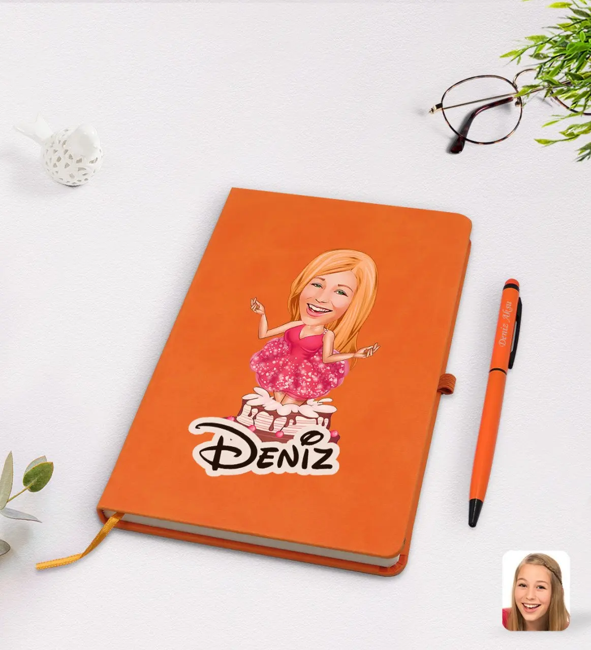 

Personalized women birthday cartoon orange thermo leather notebook pen set Model 1