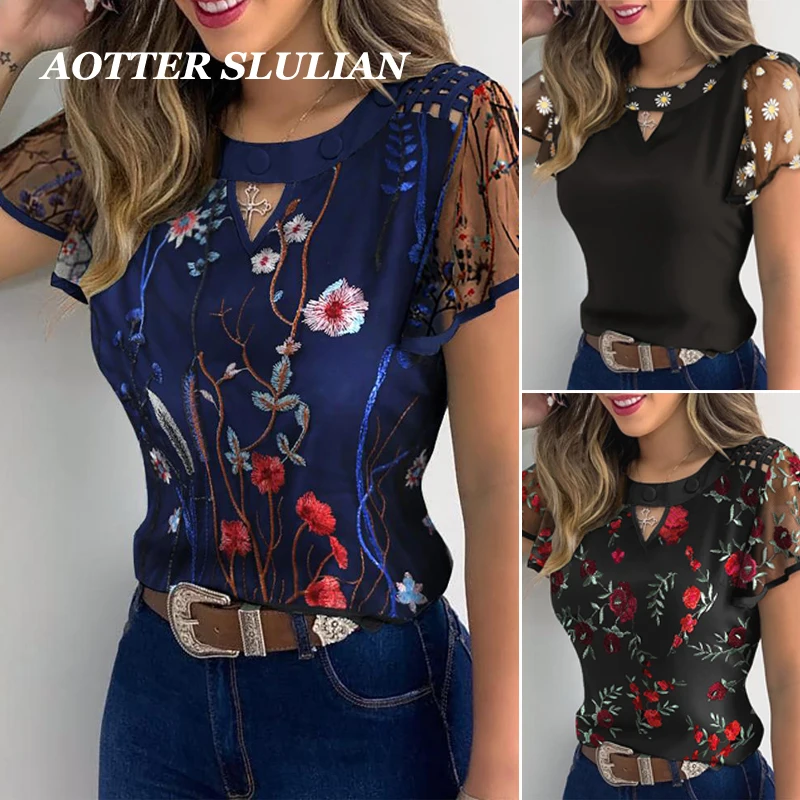 

Women Floral Embroidery Shirt Cutout Mesh Sheer Ruffle Short Sleeve Hollow Out Blouse Pullover Summer Casual Clothes For Ladies