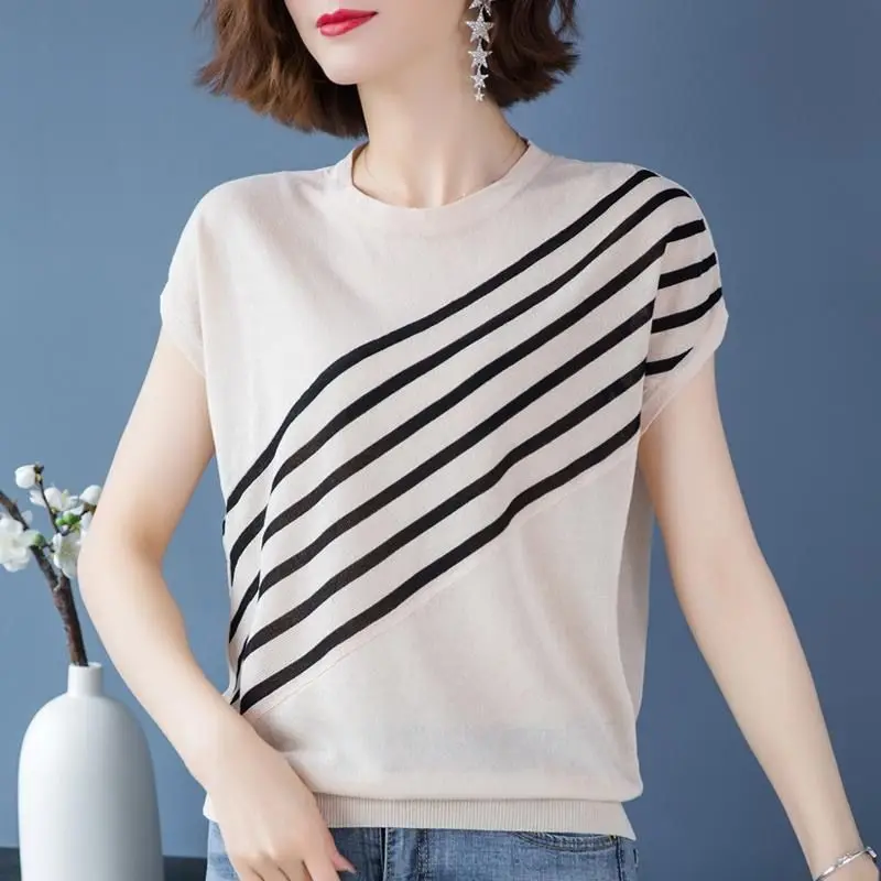 Striped round neck short-sleeved T-shirt women's loose  contrast color women's top 2022 summer new fashion thin sweater