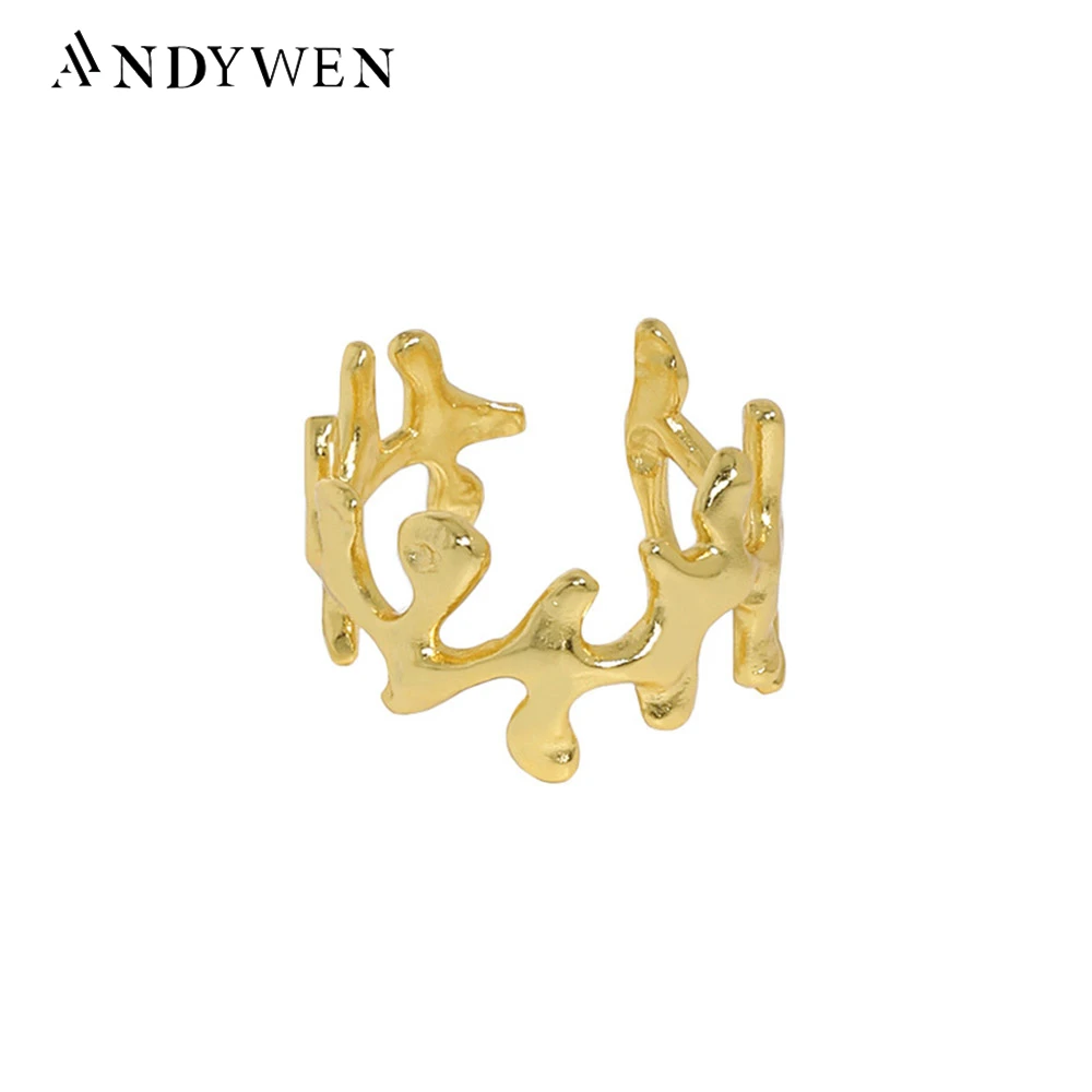 

ANDYWEN 925 Sterling Silver Gold Plain Leafs Resizable Geometric Resizable Rings Women Wedding Luxury Jewelry For Women Jewels