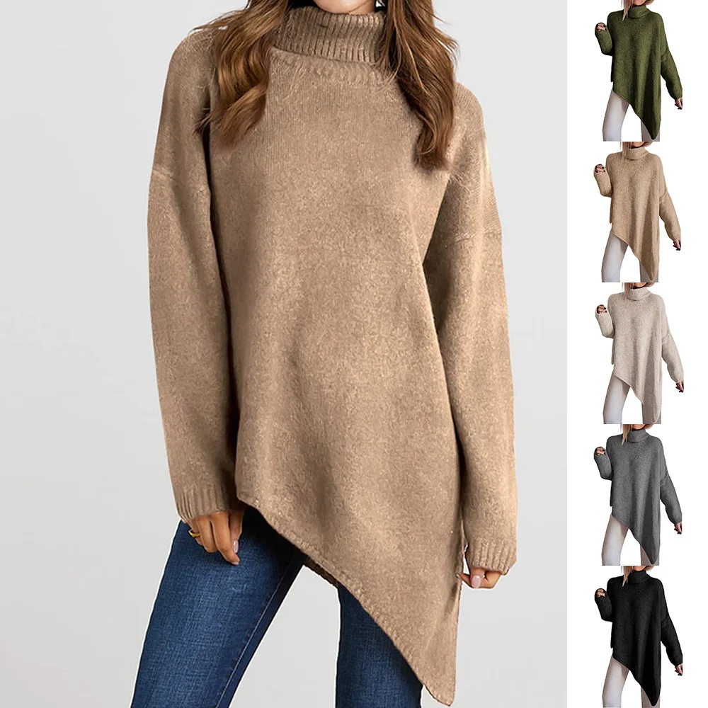 

Winter Irregular Turtleneck Sweater Women's Solid Color Drop Shoulder Long Sleeve Knit Top Loose 5 Colors Long Sweater Pullover