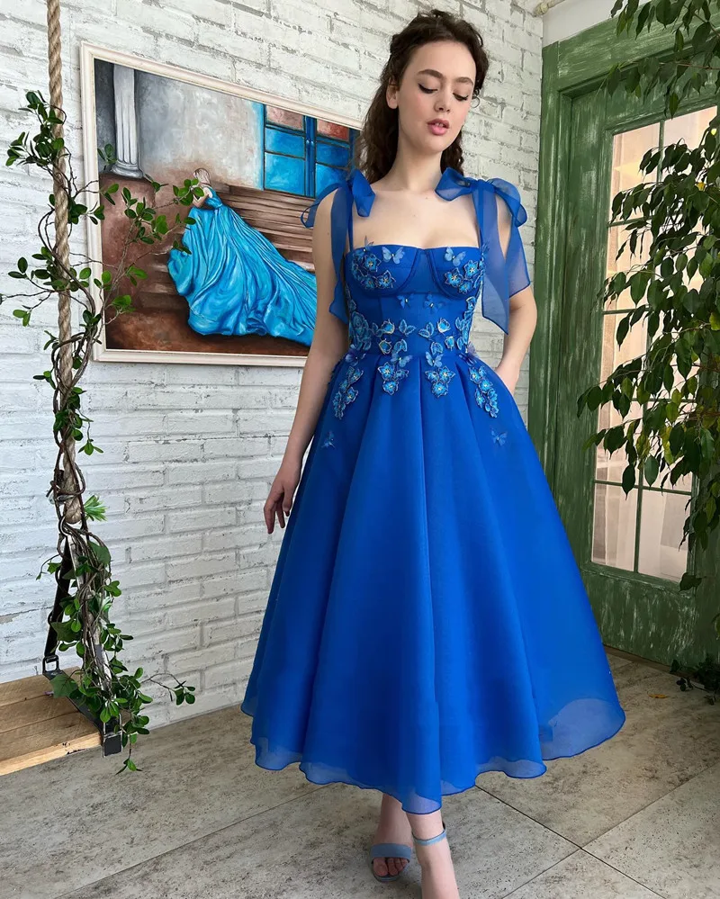 

Royal Blue A Line Prom Dresses Spaghetti Straps Applique Plus Size Girls Wear Formal Party Gowns Zipper Back Graduation Vestidos