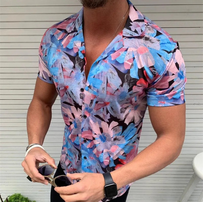 Men Shirt Top Summer Fashion Print Slim-Fit Cardigan Shirt Men Casual Short Sleeve Single-Breasted Turn-Down Collar Shirt