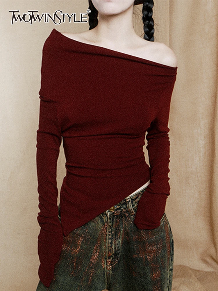 

TWOTWINSTYLE Однотонная футболка для похудения для женщин, дизайнерская Асимметричная футболка с длинным рукавом, женская модная одежда, новинка