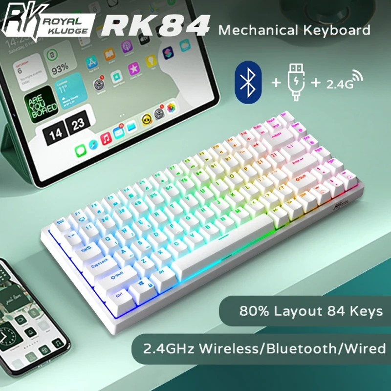 Teclado mecánico RK84/RKG68(RK837)/RK100 75% RGB trimodo BT5.0/2,4G/USB-C, teclado inalámbrico Bluetooth intercambiable en...