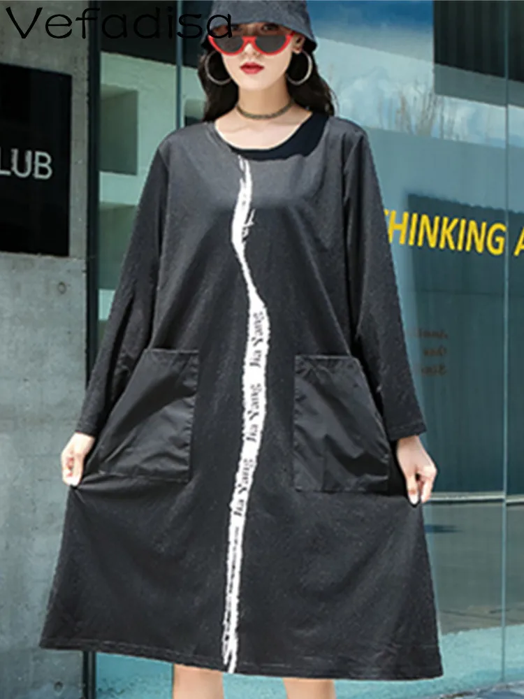 Vefadisa 2023 Spring Autumn Round Neck Dress Loose Mid-length Pocket Splicing Temperament Leisure Dress Black Women's LHX4388