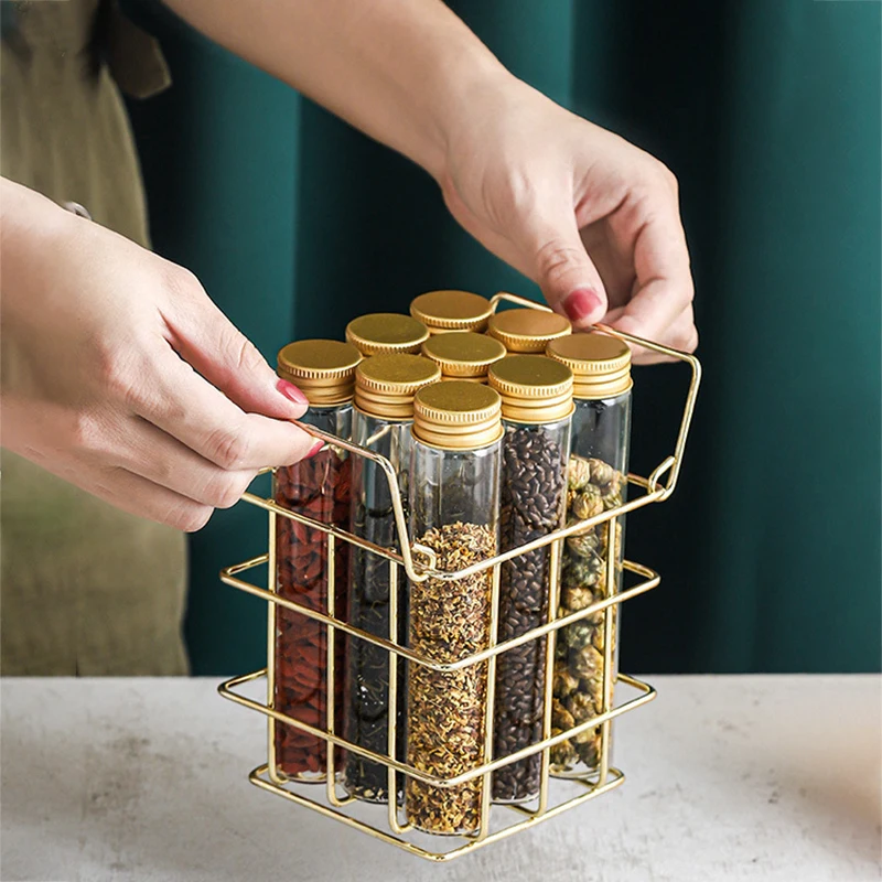 

Modern Storage Basket with 9 Aluminum Lid Glass Bottles Golden Metal Shelf Tea Caddy Coffee Beans Candy Jar