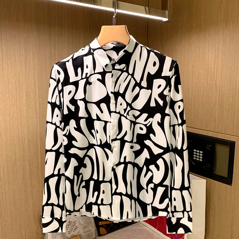 

Men's Long Sleeved Spring and Autumn Fashion Casual Printed Shirt High End Business Loose Turn-down Collar Male Tops Blouse C56