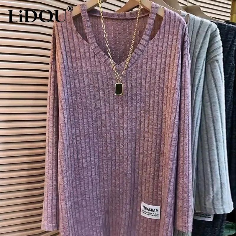 

Autumn Winter Solid Color Fashion Long Sleeve T-Shirts Women High Street Casual Loose Hollow Out All-match Mid-length Pullovers