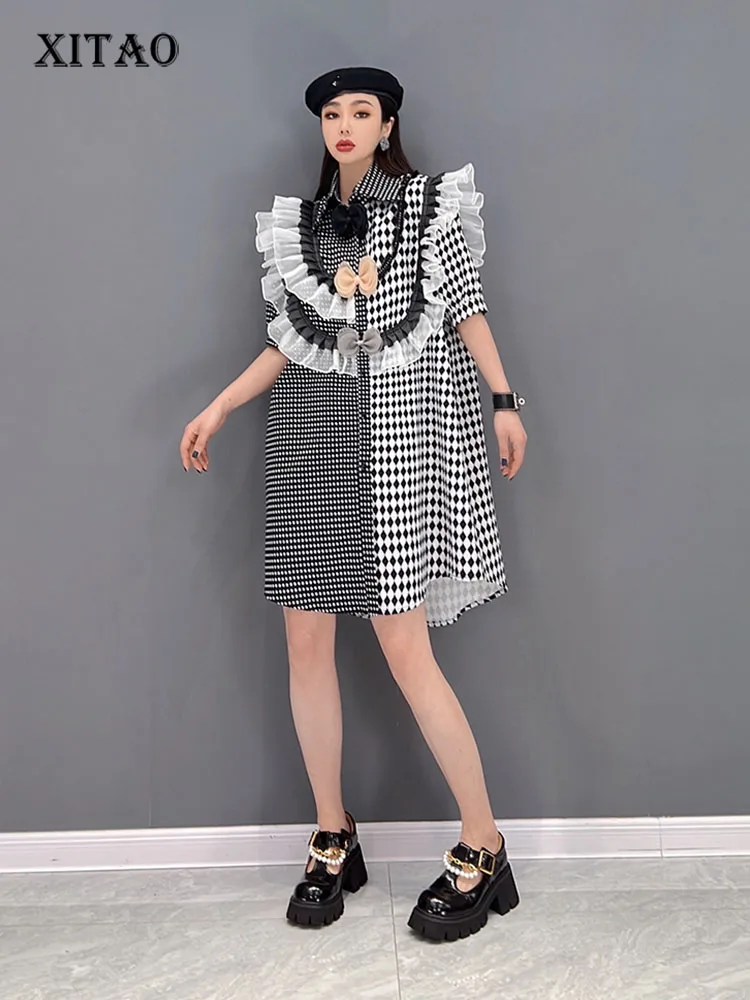 

XITAO Ruffle Mesh Dress Fashion Plaid Goddess Fan Casual Patchwork Small Fresh 2022 Summer Single Breast Loose Dress WMD5402