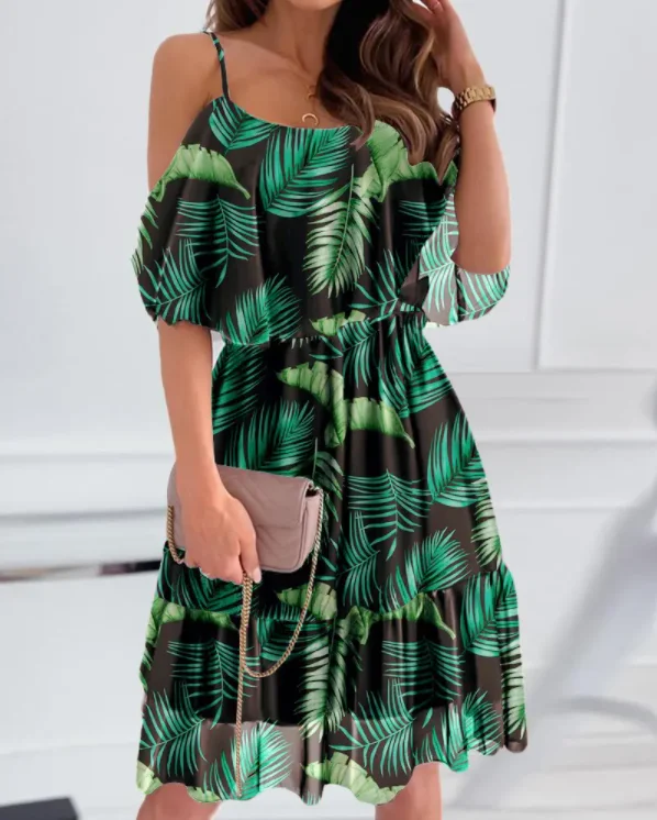 Women's Dress, Sexy,Tropical Print Cold Shoulder Ruffle Hem Casual Dress