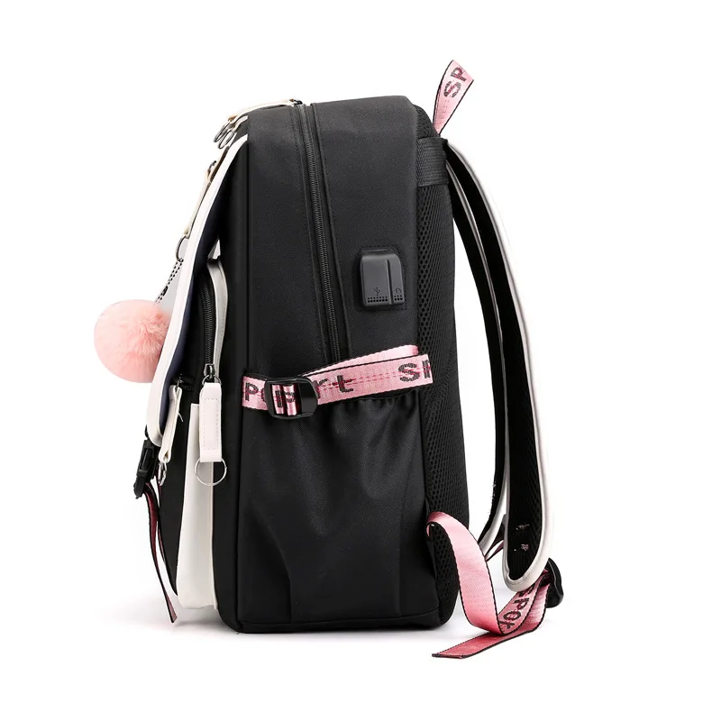 Pink Teen School Backpack Large School Bags for Teenage Girls USB Port Canvas Schoolbag Student Book Bag Fashion Black