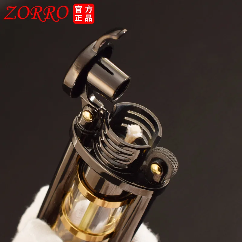 

ZORRO Transparent Fuel Tank Brass Kerosene Lighter Metal Windproof Creative Retro Flint Cigarette Lighter Smoking Accessories
