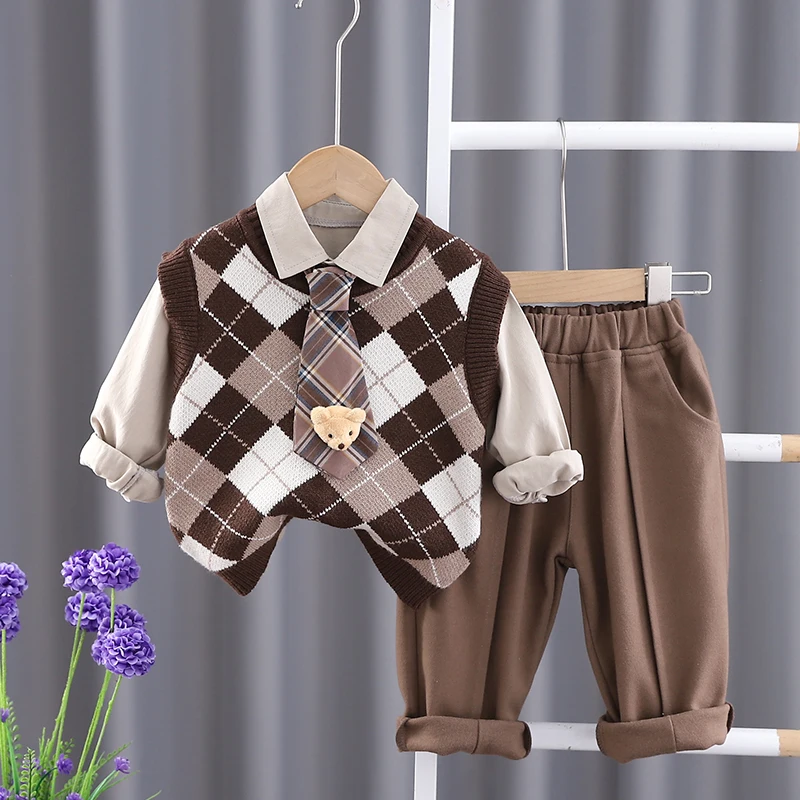 SJBB- 0-5 Years Old Spring Autumn Academic Style Warm Toddler Boys Three-piece Baby Clothes Children's Wear enlarge