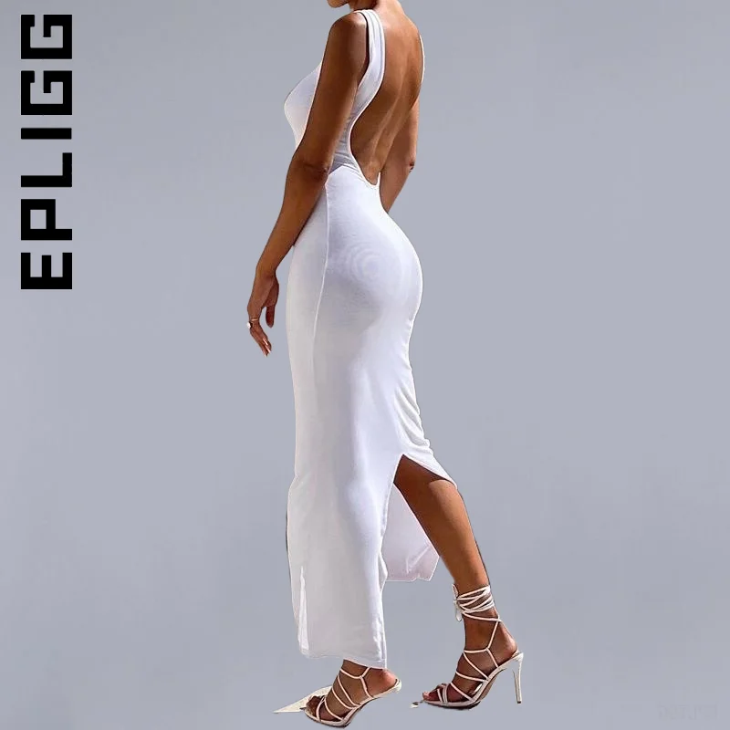 

Epligg Women New Dress Sexy O-neck Backless Long Maxi Evening Dresses Girl Outfits Elastic Club Female Vestidos Women Clothing