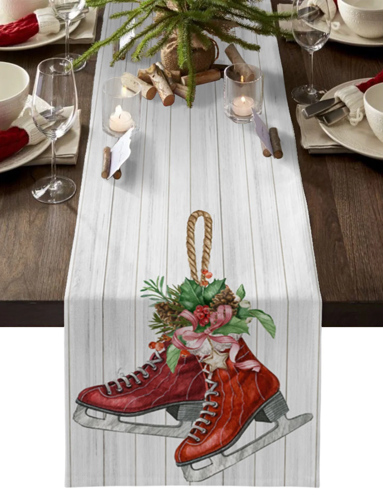 

Christmas Pine Needles Skates Wood Grain Table Runner Cotton Linen Wedding Decor Table Runner Christmas Table Decor Tablecloth