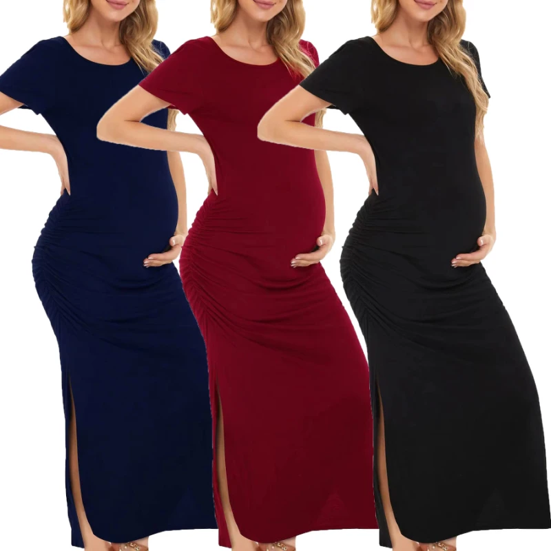 

Maternity Dresses Summer Fashion Pregnancy Round Short Sleeve Solid Dress Sexy Split Fork Maternity Clothes Pregnant Long Dress