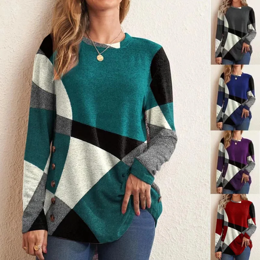 

2022 New Pattern Button Geometric Contrast Long Sleeve Printed Loose Sweater Women Top Spring and Autumn Elegant T-Shirt S-3XL