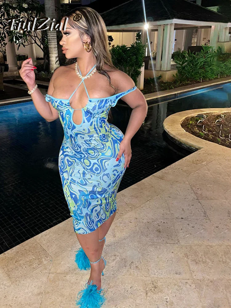 

TiulZial Print Tie Drying Halter Midi Summer Dress Backless Beach Holiday Square Collar Club Party Women Dress Outfits