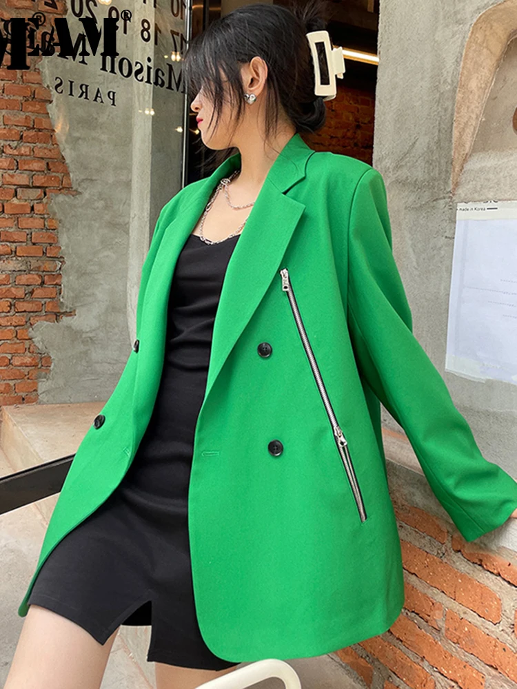 

[EAM] женский зеленый Повседневный Блейзер на молнии большого размера, новая свободная куртка с отворотом и длинным рукавом, модная демисезон...