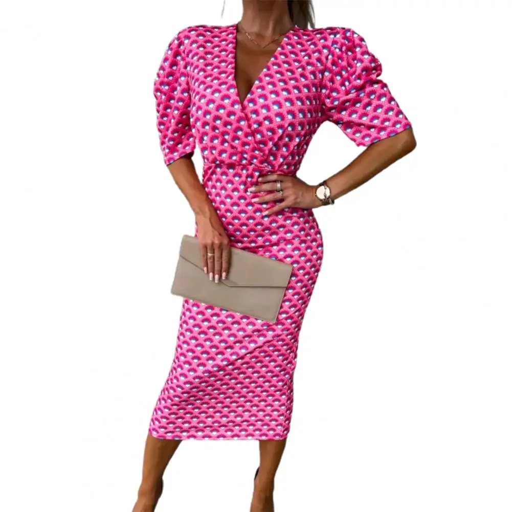 

Summer Dress Women 2023 Short Puff Sleeves Printing Design V-neck High Waist Hip Wrap Calf Length Elegant Ladies Bodycon Dress