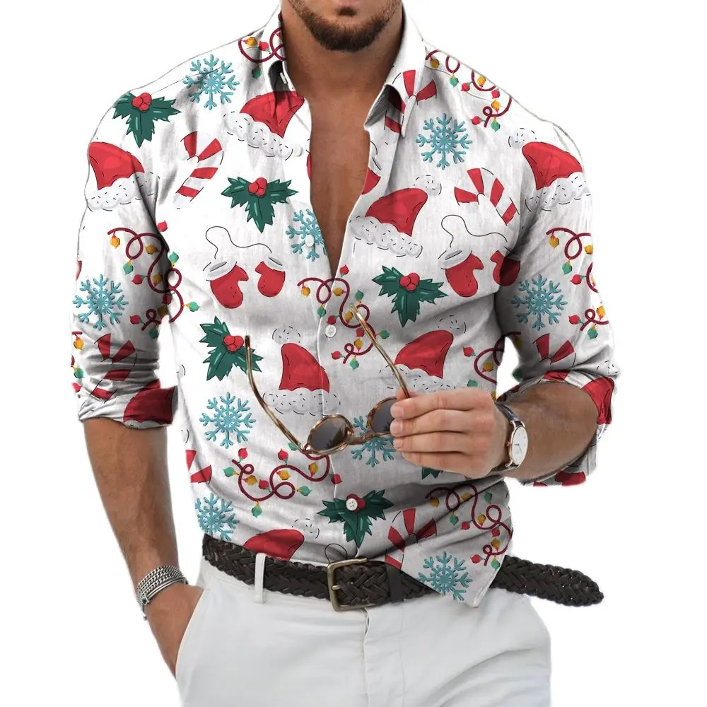 Autumn Fashion Men's Shirt Oversized Shirt Casual Christmas Print Long Sleeve Shirt Men's Clothing Cardigan Shirt High Quality