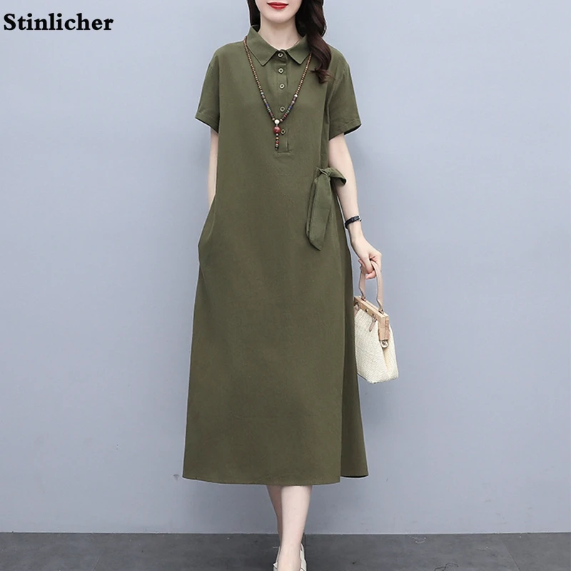 

Loose Cotton Linen Women Dress Summer Casual Short Sleeve Pocket Lace-Up Long T-Shirt Dress Female Vestidos