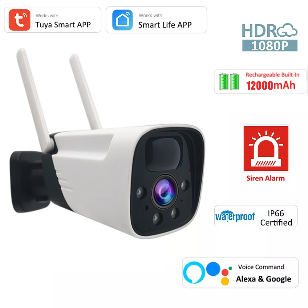 

Tuya Smart Life 12000mAh Rechargeable Battery IP65 Outdoor Wireless WIFI 1080P IP Surveillance Bullet Solar Camera Alexa Google