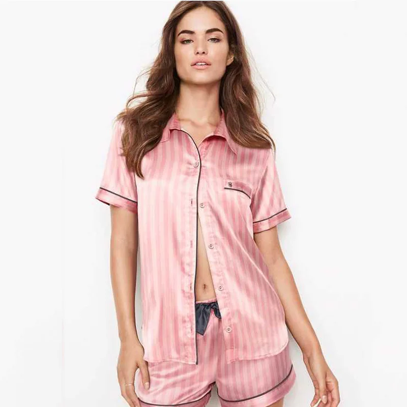 

Summer Pajamas for Women Satin Silk Stripes Sleepwear Pyjamas Short Pink Loungewear Pjamas Ladies Home Suit Homewear Woman