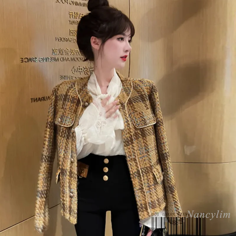 

Короткое пальто контрастных цветов в стиле ретро, Женская Новинка весна-осень 2022, приталенные повседневные универсальные топы, твидовые ку...