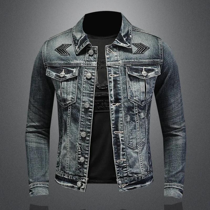 

Spring Autumn New Denim Jacket Men Trendy Lapel Denim Coat Men Fashion Stretch Biker Denim Jacket Men Denim Jacket Men 4XL