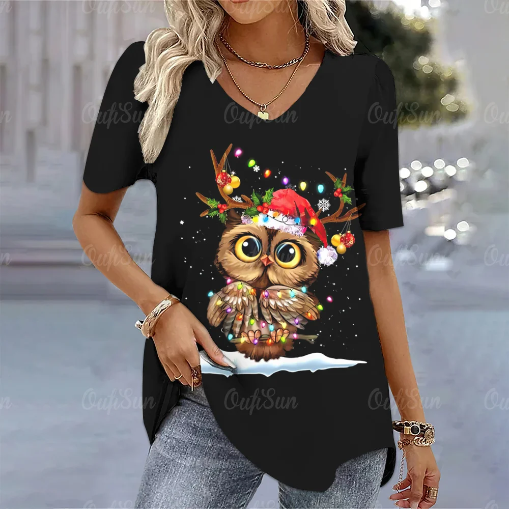 

T Shirt For Women Christmas Owls Tshirts 3d Cute Animal Print Tops Causal V-Neck Woman Clothing Autumn Oversized Female Pullover
