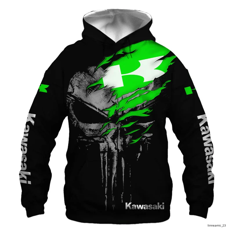 

2022nova kawasaki logotipo da motocicleta punisher hoodie impressão 3d pulôver harajuku moletom moda jaqueta de corrida homem c