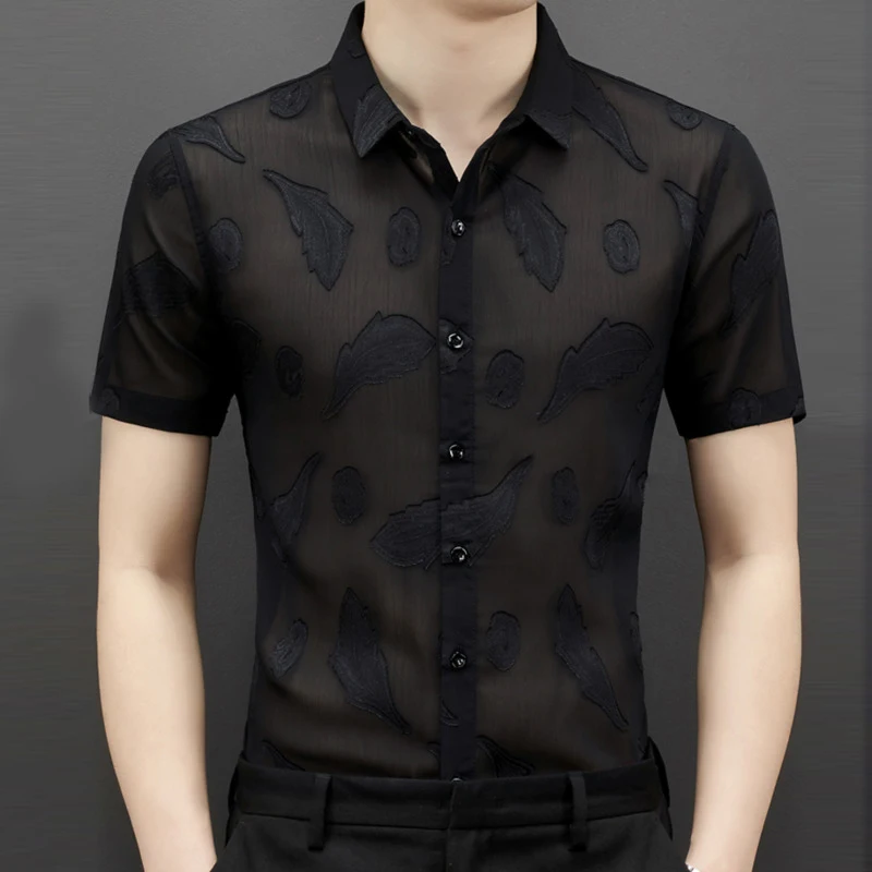 

Summer Short Sleeve Slimfeather Leaves Pattern Shirt Club Party Chemise Homme Camicia Uomo Sexy Transparent Shirt Men Black