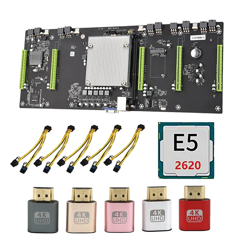 

ETH79-X5B BTC Mining Motherboard with E5 2620 CPU+5 UHD Virtual Display+Power Cable LGA2011 DDR3 RAM 5 PCIE16X Slot 80mm