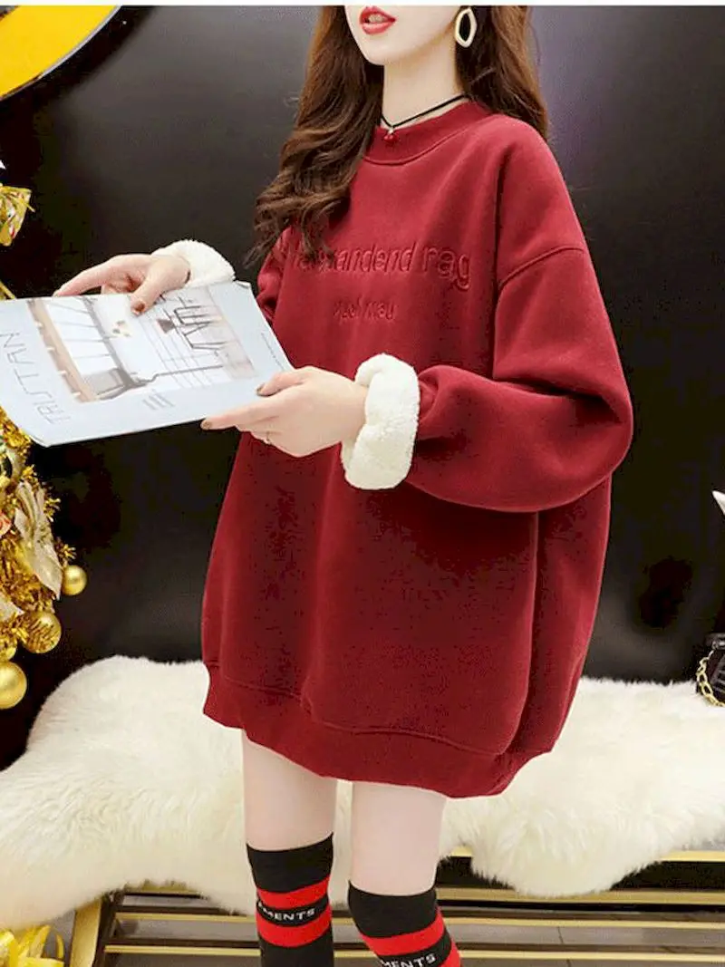 

Женский пуловер оверсайз, свитшот, повседневные флисовые красные толстовки на осень и зиму, корейский женский розовый топ, джемпер, одежда в...