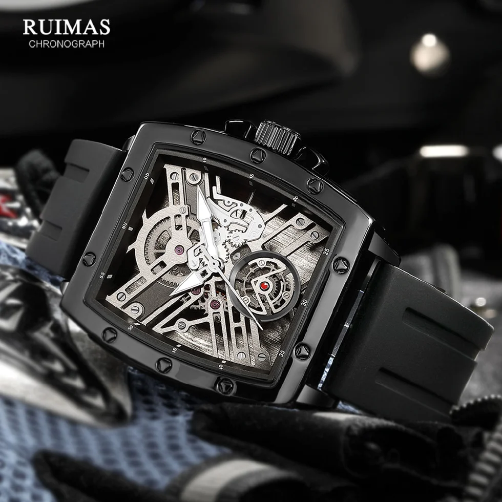 

RUIMAS Analog Quartz Watches for Men Tonneau Dial 3atm Waterproof Military Sport Wristwatch with Black Silicone Strap Man 310