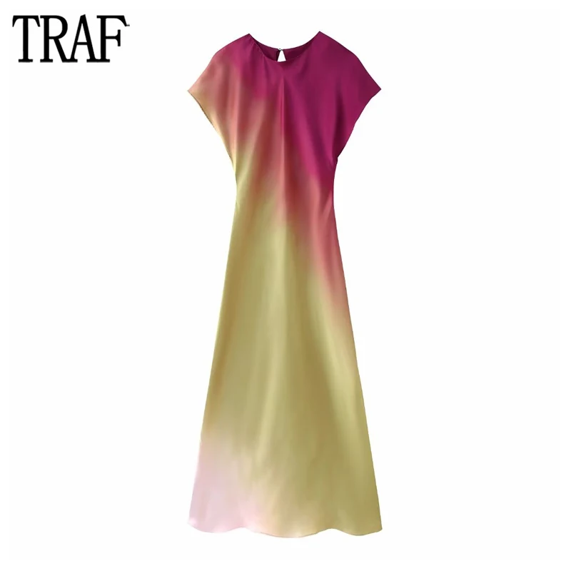 

TRAF 2023 Tie Dye Dress Woman Print Long Dresses for Women Short Sleeve Evening Dress Women Spring Satin Midi Dresses Ladies