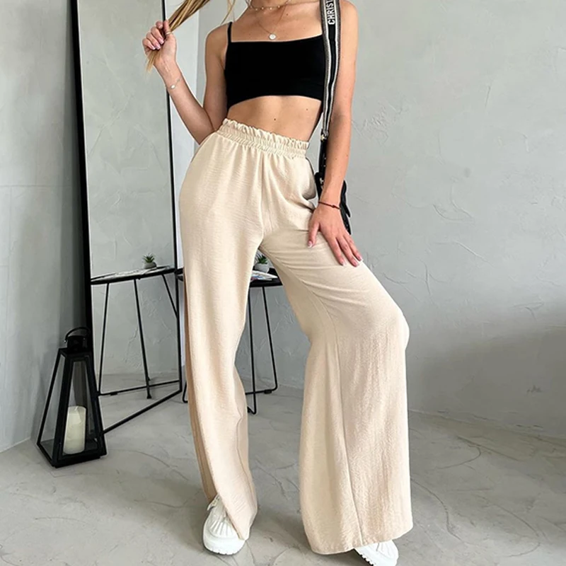 

Fashion Casual Solid Color Long Trousers Women Elastic High Waist Split Pants New Simple All-Match Loose Straight Trousers