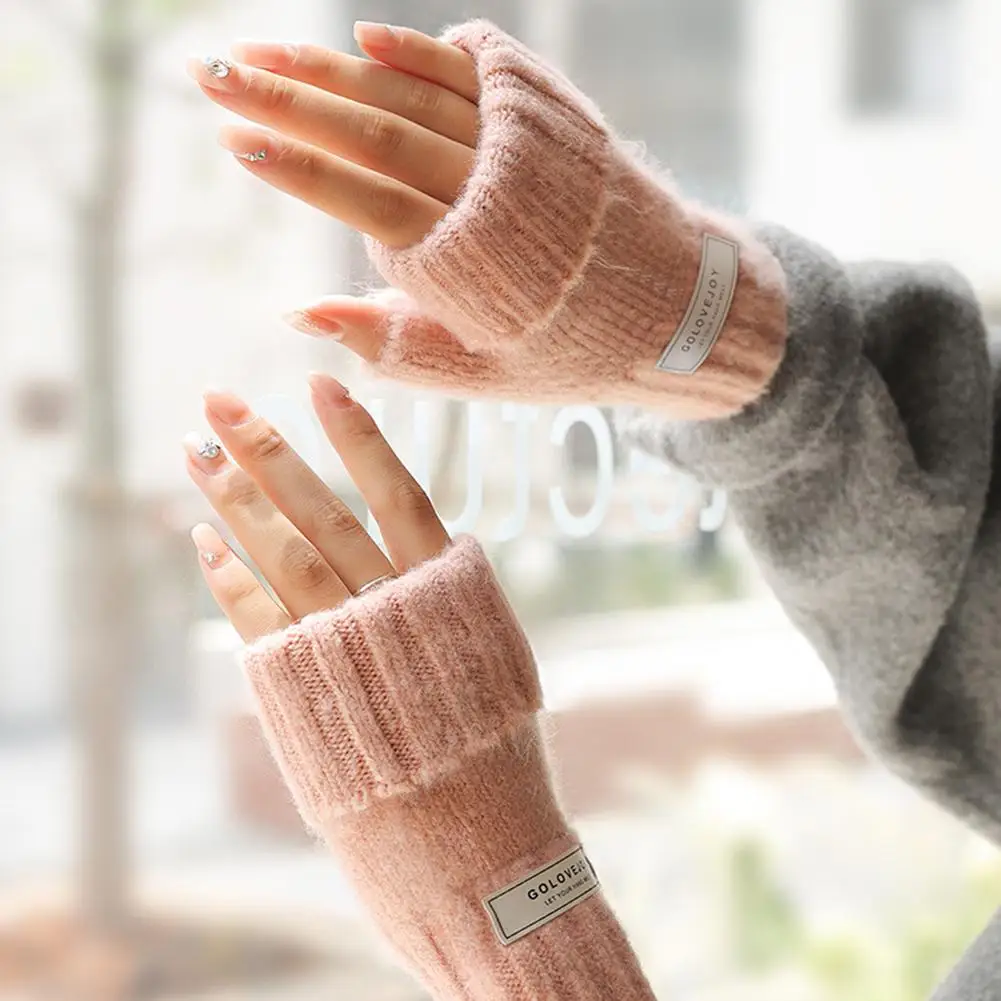 

1 Pair Women Knitted Gloves Thickened Warm Touch-Screen Half-finger Gloves For Outdoor Driving Hiking Training Skiing